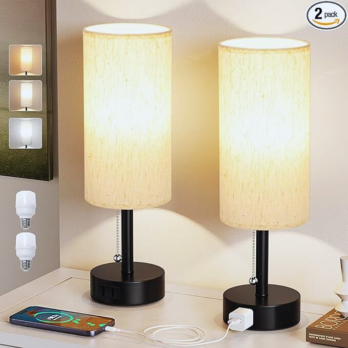 Bedside Table Lamps Set of 2 - 3 Color Temperatures Pull Chain Lamp